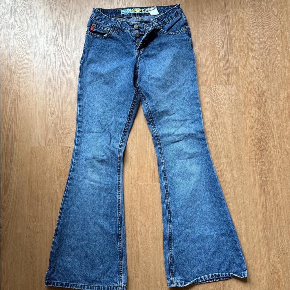 Mudd Jeans Womens Size 1 Flare Leg low Rise Dark Wash Y2K Vintage Stretch Denim